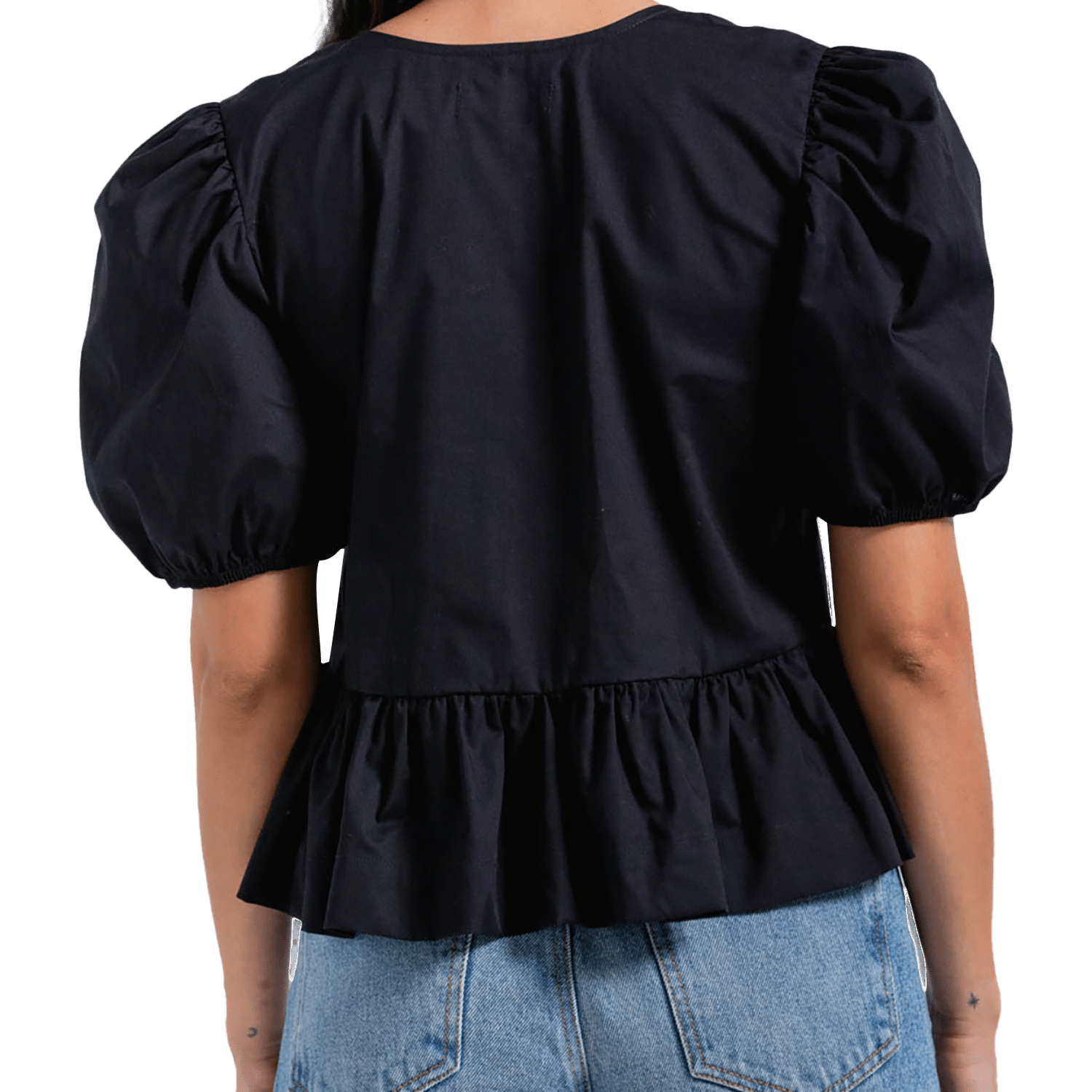 Blusa Mangas Cortas Bombachas Cuello Redondo Con Lazos En Pechera PEOPLE