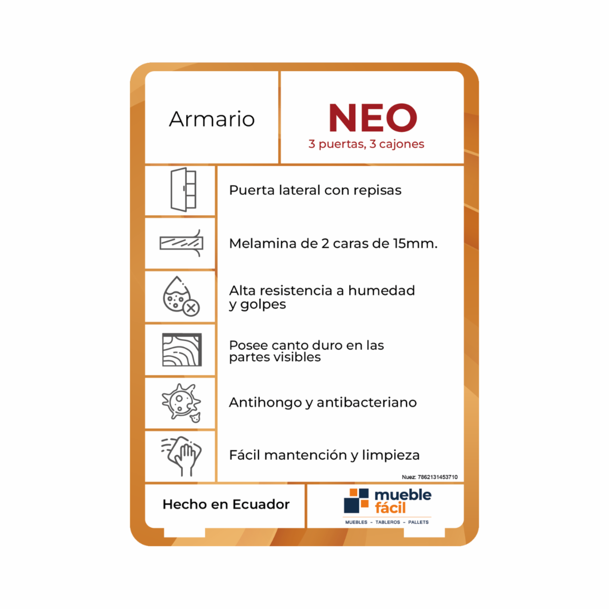 Armario Neo 3 Puertas Y 3 Cajones Nuez MUEBLE FÁCIL MDF