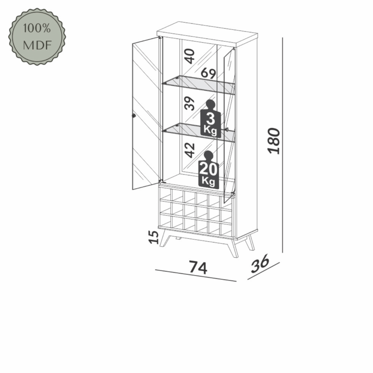 Mueble Botellero Con Puertas De  Vidrio Templado DALLA COSTA MDF