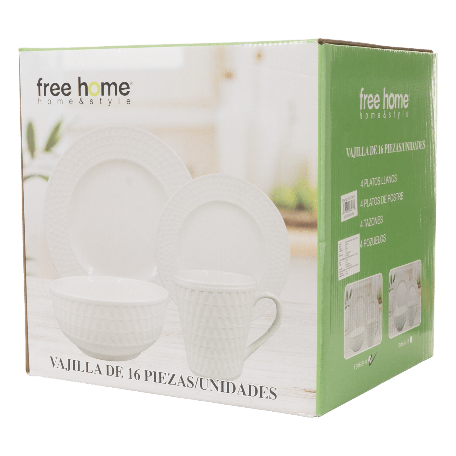 Vajilla Blanca Con Orilla Relieve Tejido FREE HOME 16 Piezas