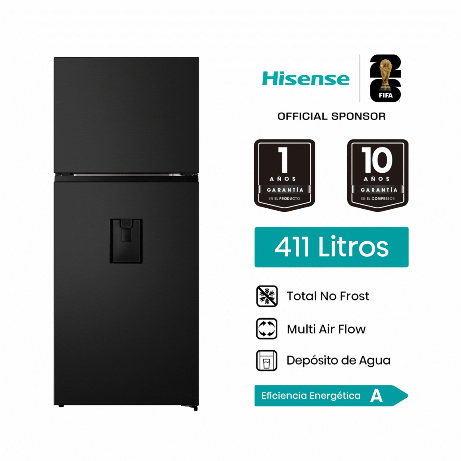 Refrigeradora Top Mount Black Glass HISENSE 411 Litros
