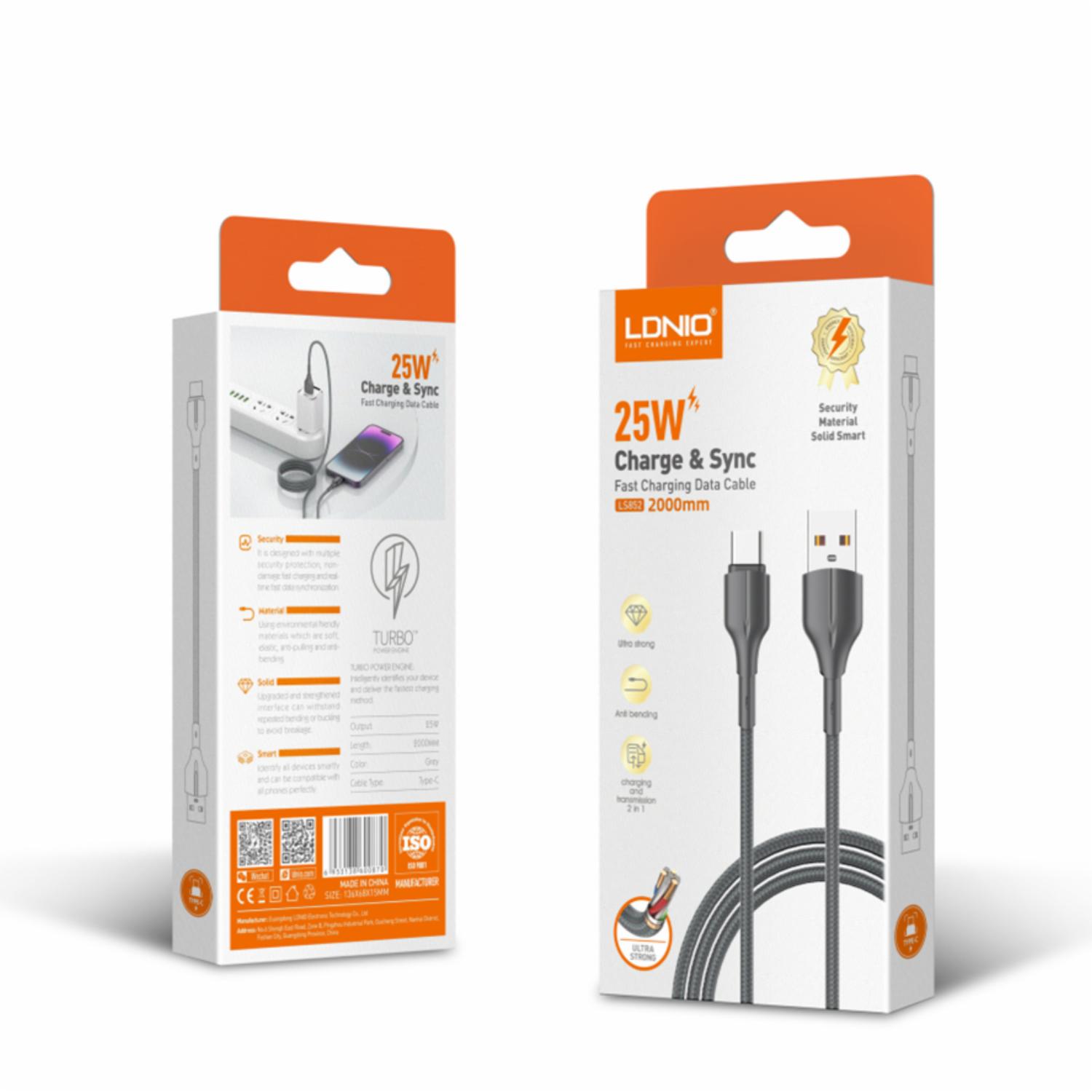 Cable De Carga Rápida Y Datos Modelo Ls852 Tipo C 2M Negro LDNIO 25 W