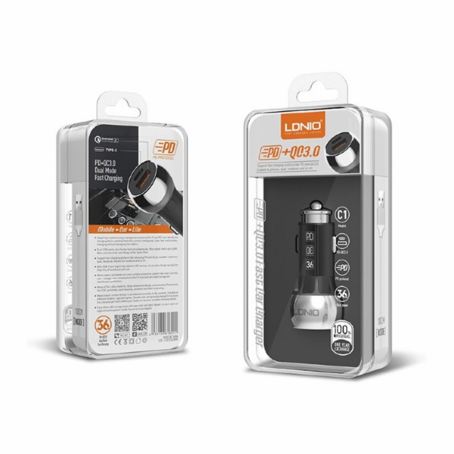 Cargador Auto Modelo C1 PD + QC3.0 Con Cable Tipo C LDNIO 36 W