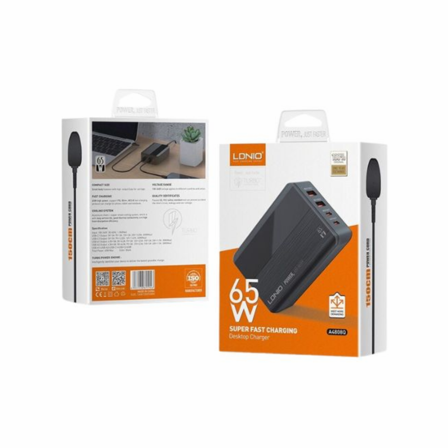 Cargador De Escritorio Modelo A4809C GaN 4 Puertos (2 PD + 2 USB) Con Pantalla LED LDNIO 100 W